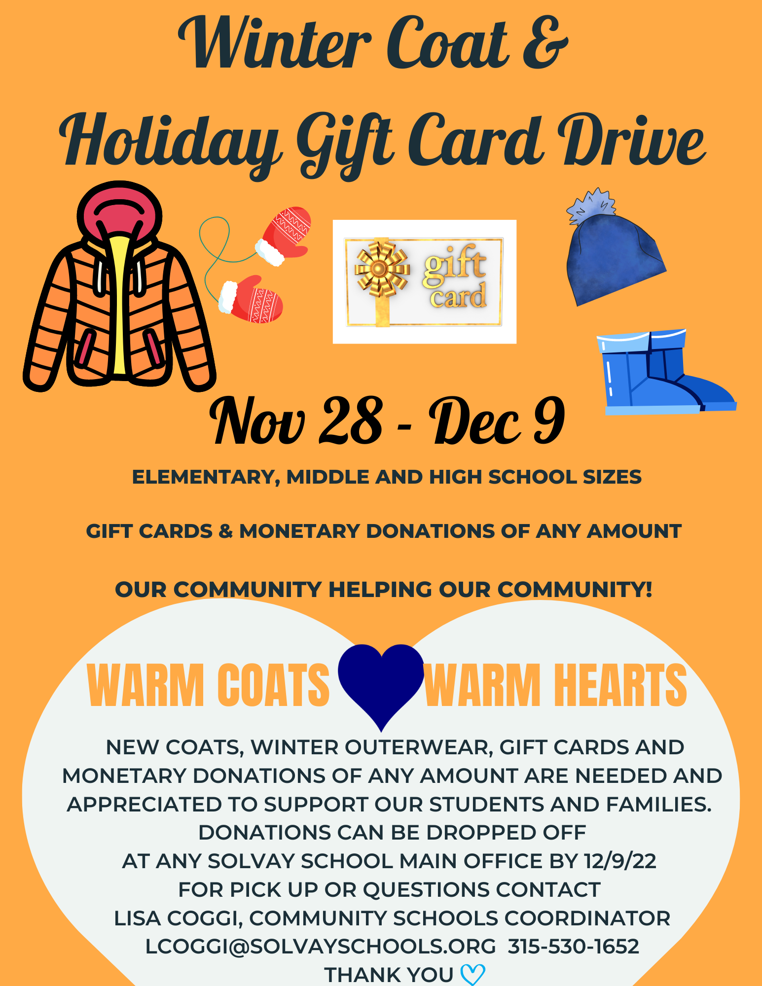 WINTER COAT AND HOLIDAY GIFT DRIVE - DONATIONS ACCEPTED UNTIL 12/9 AT ANY SOLVAY SCHOOLS MAIN OFFICE
