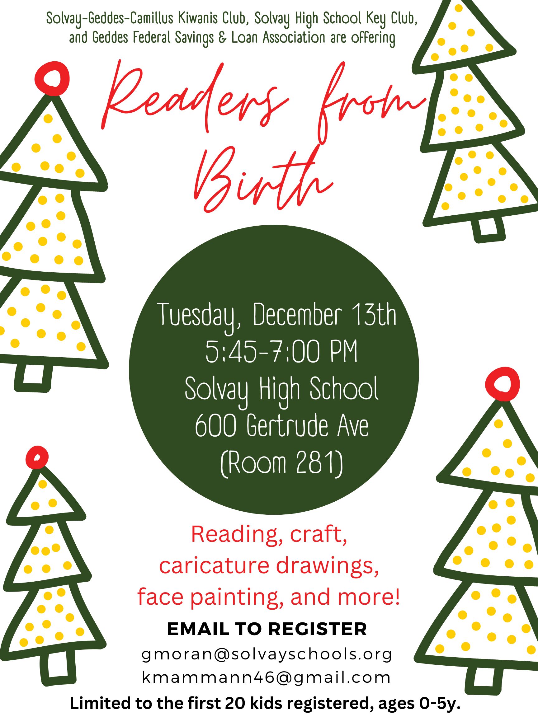Readers from Birth 12/15 at Solvay Library at 5:45pm  Email gmoran@solvayschools.org to register!