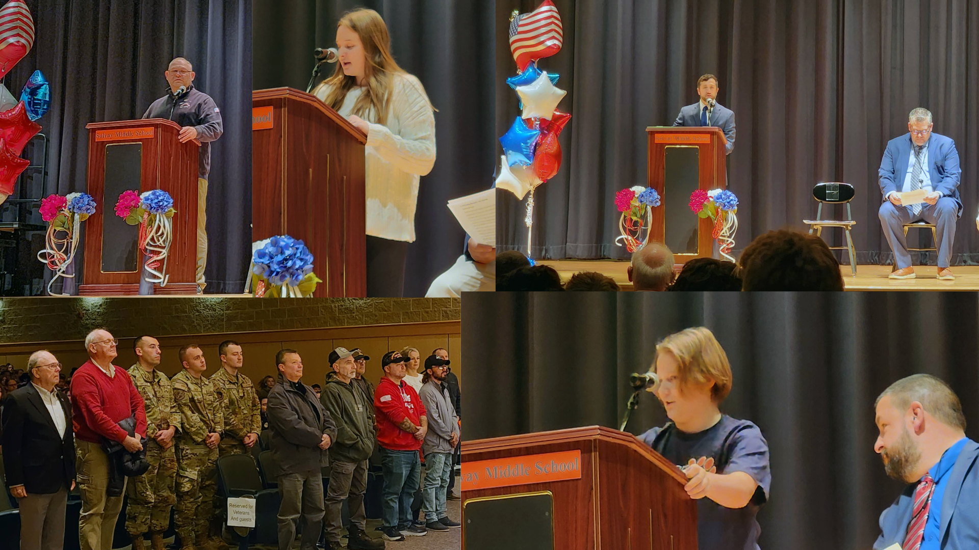 Collage of students and veterans speaking on stage, during assembly for veteran's day