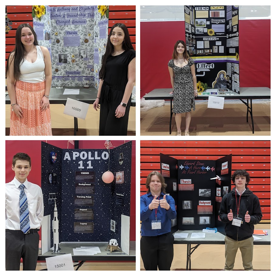 collage of students posing with history projects at event