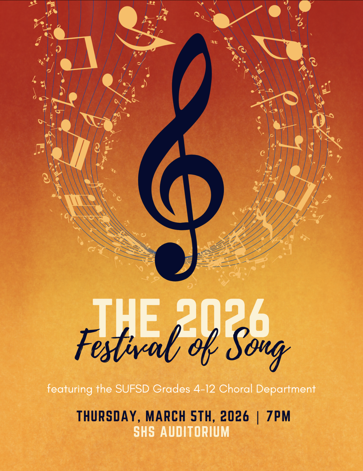 March is Music In Our Schools Month!  Join us on Thursday, March 5th for the FESTIVAL OF SONG, a concert that will feature the entire SUFSD Choral Program.  Students from 4th through 12th Grade will perform individually before collaborating on a combined piece.    The concert will begin promptly at 7pm in the SHS Auditorium.  The Solvay Music Boosters will hold a 50/50 raffle and will have some flowers for sale, so bring your cash!