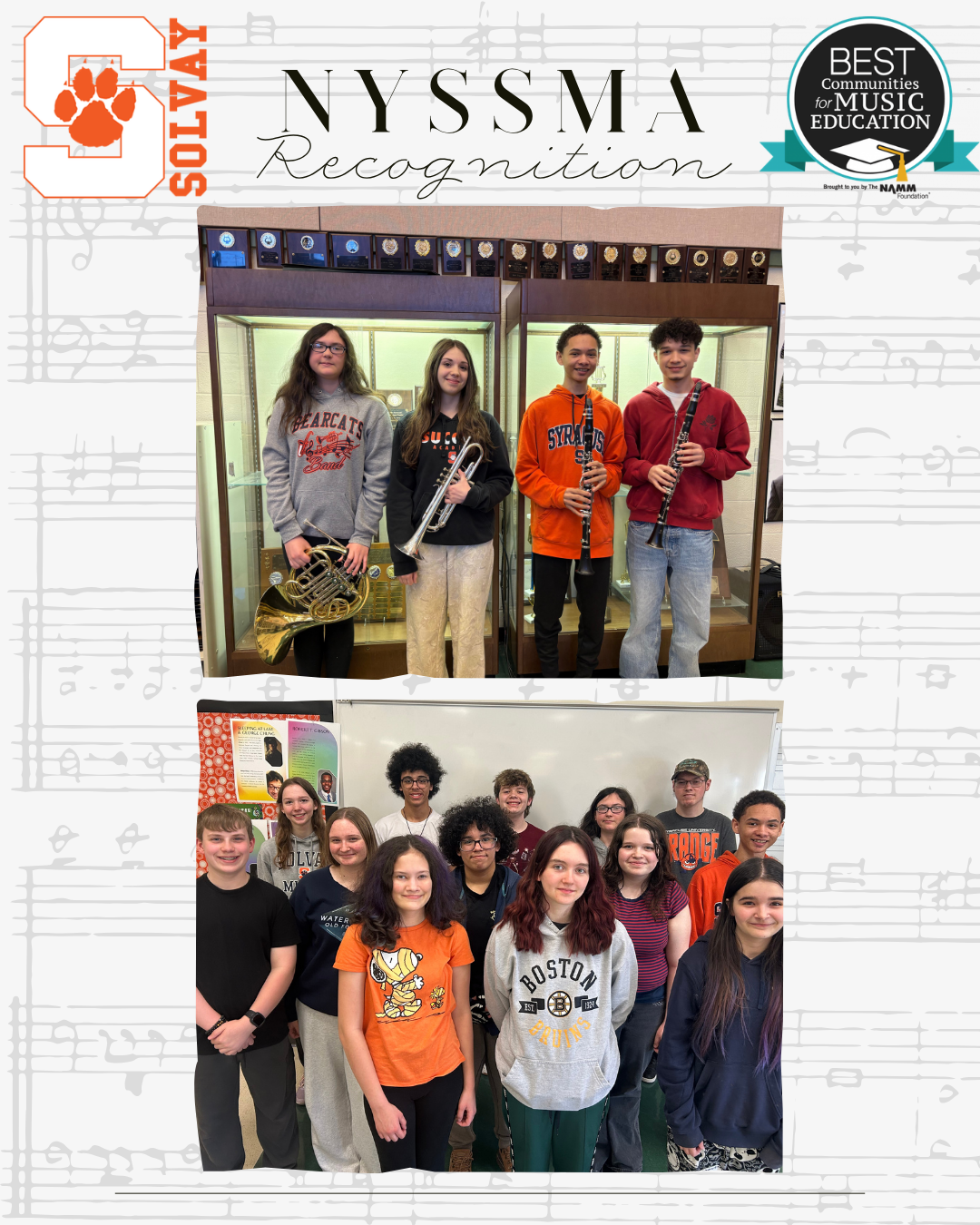 NYSSMA RECOGNITION IMAGE WITH STUDENTS LINED UP: Congratulations to: Evangeline, Lyla, Ny'Zier, Josh, Arielle, Alex, Liam, Zach, Vince, Andi, Blake, Vera, Eliza, Quinn, and Haylee., emblem contains "BEST COMMUNITIES FOR MUSIC EDUCATION" AND SOLVAY BEARCAT LOGO