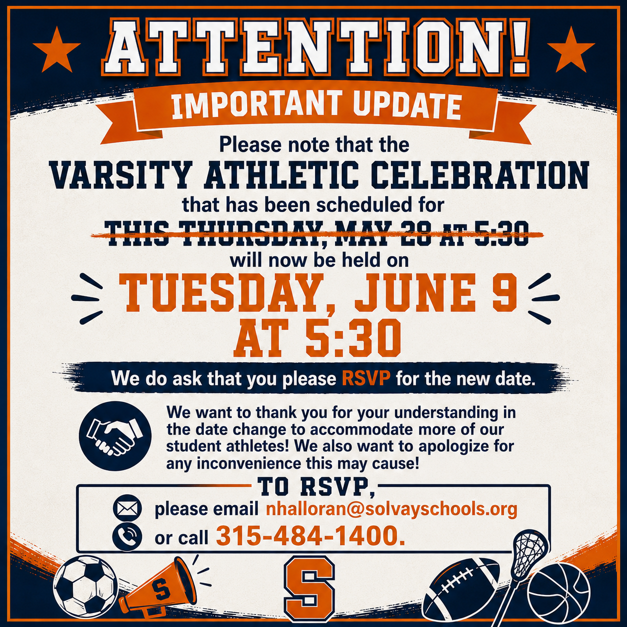 Blue and orange bus schedule announcement graphic for Solvay High School Regents testing days. Includes June 9 and June 17–24, 2026 testing transportation information, exam attendance notice, morning and afternoon bus details, transportation phone number, and afternoon departure times from Solvay HS: 11:45 AM, 2:05 PM, and 3:15 PM. Clean modern layout with school-themed icons and bold readable typography.