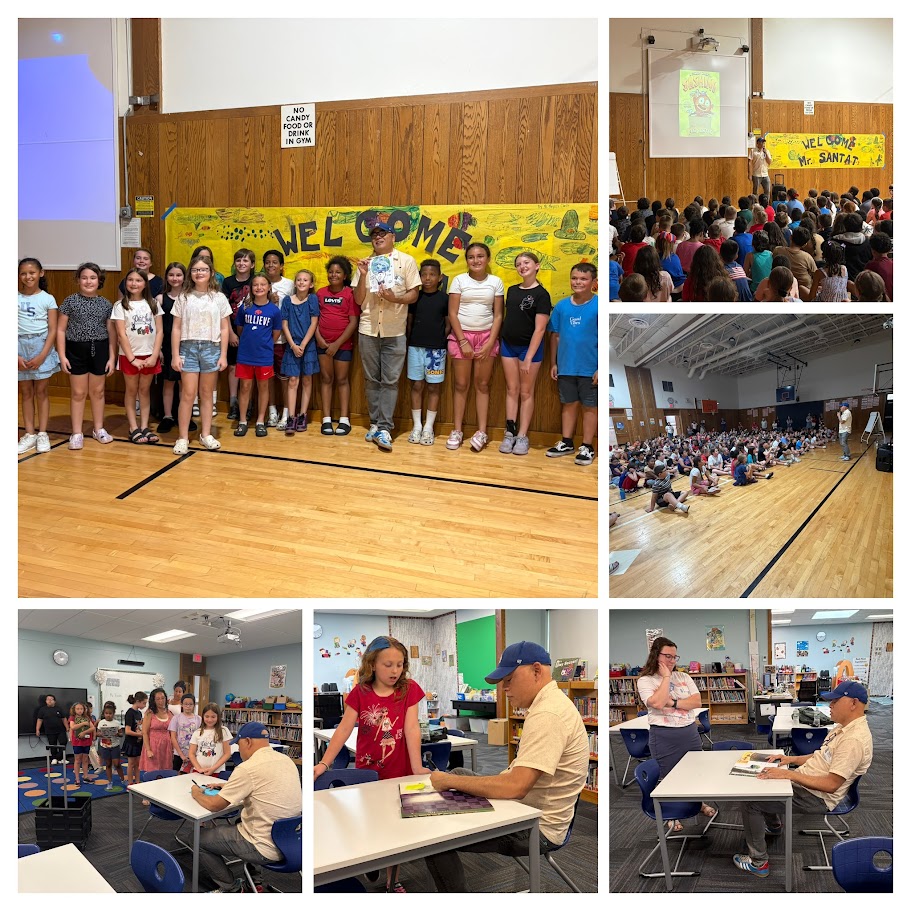 collage of author visit images, audiences, students sitting, author at table, drawing for students in line
