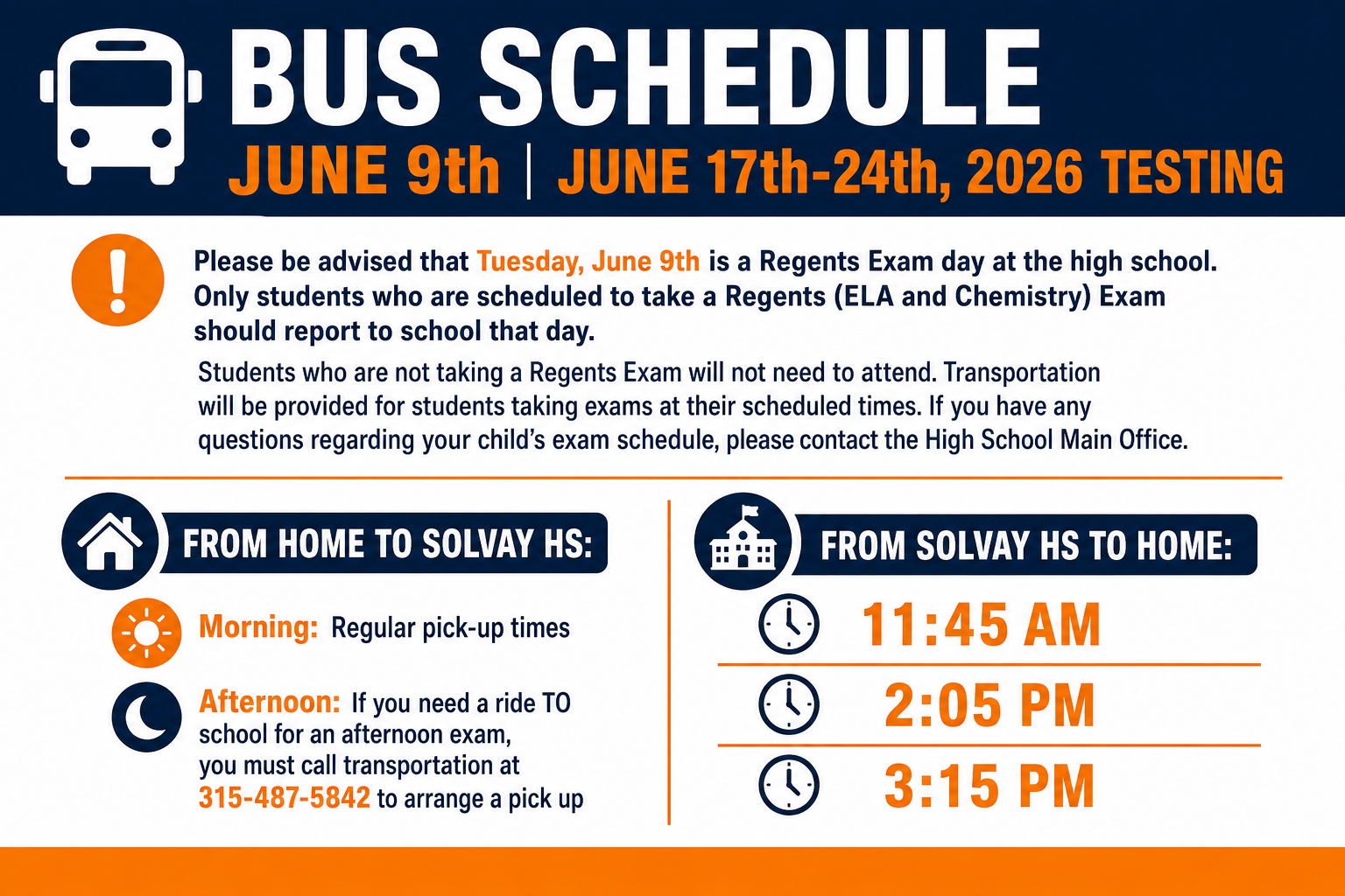 Blue and orange bus schedule announcement graphic for Solvay High School Regents testing days. Includes June 9 and June 17–24, 2026 testing transportation information, exam attendance notice, morning and afternoon bus details, transportation phone number, and afternoon departure times from Solvay HS: 11:45 AM, 2:05 PM, and 3:15 PM. Clean modern layout with school-themed icons and bold readable typography.