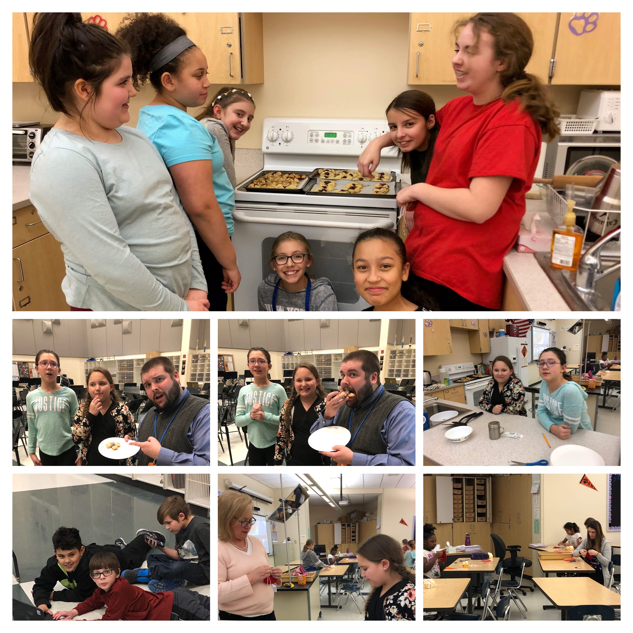 students baking, eating food, and using robots