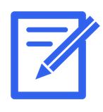 a blue icon with a paper and pencil